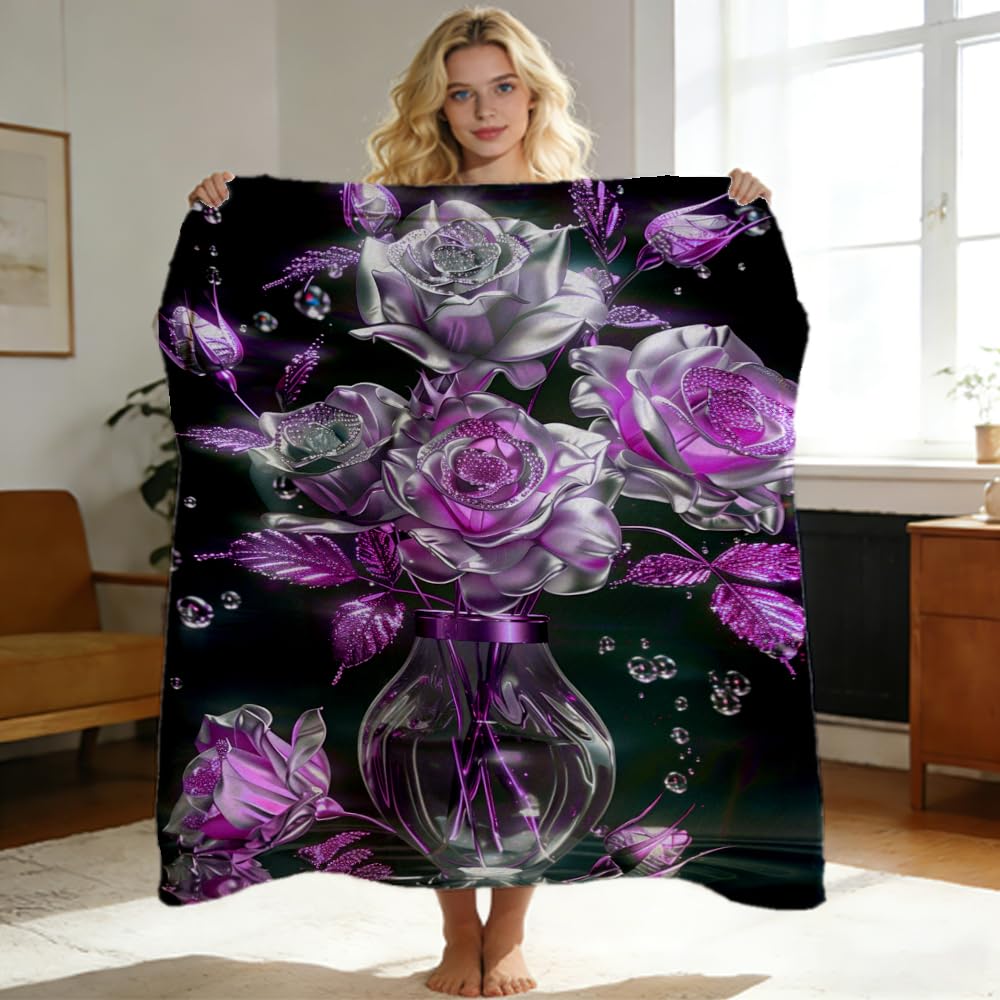 ZHOUSHUTONG Purple Silver Rose Floral Flannel Throw Blanket, Soft Cozy Warm Plush Blankets for Couch Bed Sofa, Elegant Flower Print Decorative Blanket, Gift for Women Girls 49"x59"