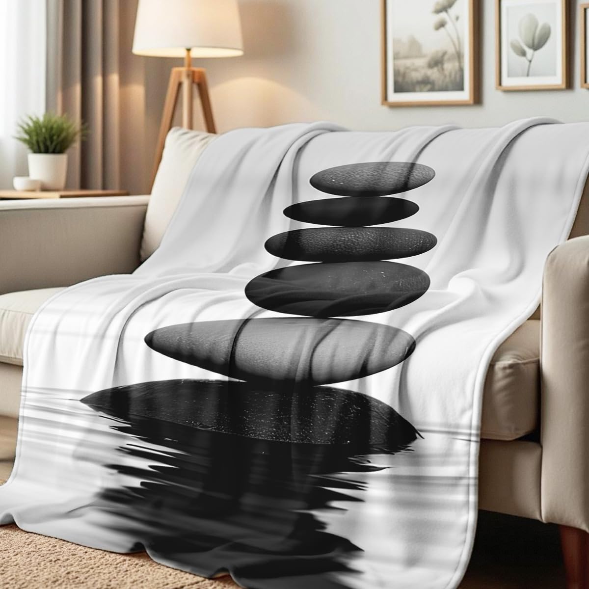 HUNXIAOJ Zen Stone on Water Print Blanket Black and White Flannel Blanket Spa Throw for Home Bedding Couch Bed Yoga Room Meditation Decor Gifts (49"x59")