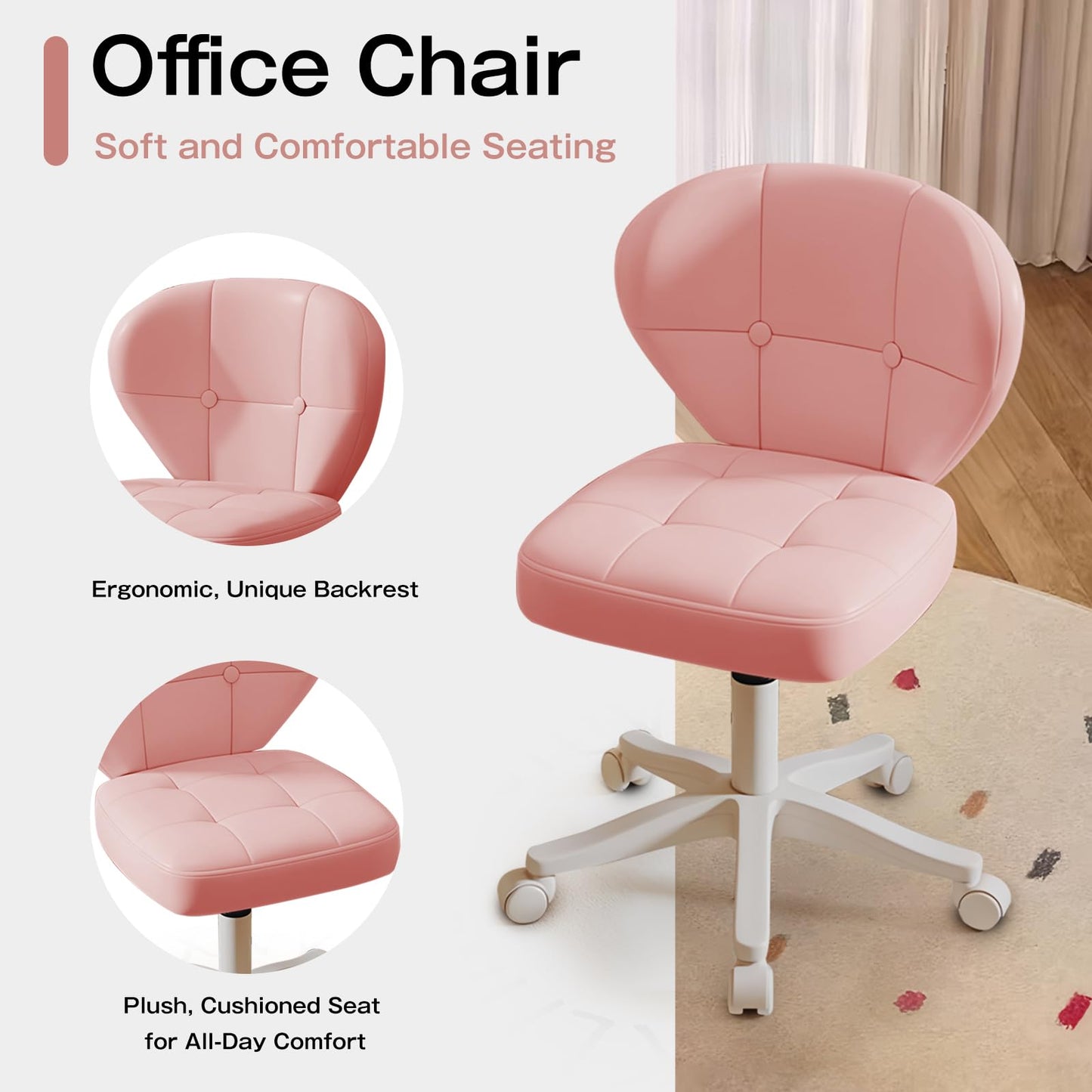 Timbertouch Small Office Chair with Lumbar Support, PU Leather Armless Swivel Desk Chair Adjustable Height, Compact Rolling Chair for Home Office, Bedroom, Study （Pink）
