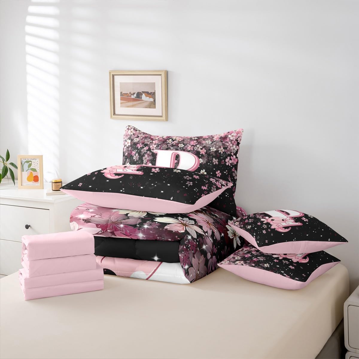Erosebridal Pink Axolotl Bedding Set for Teen Girl (Pink Black,7Pcs,Twin Size) - Cute Initial Letter P Bed in A Bag Cherry Blossom Comforter Set Girly Preppy Cute Axolotl Quilt with Initial Design