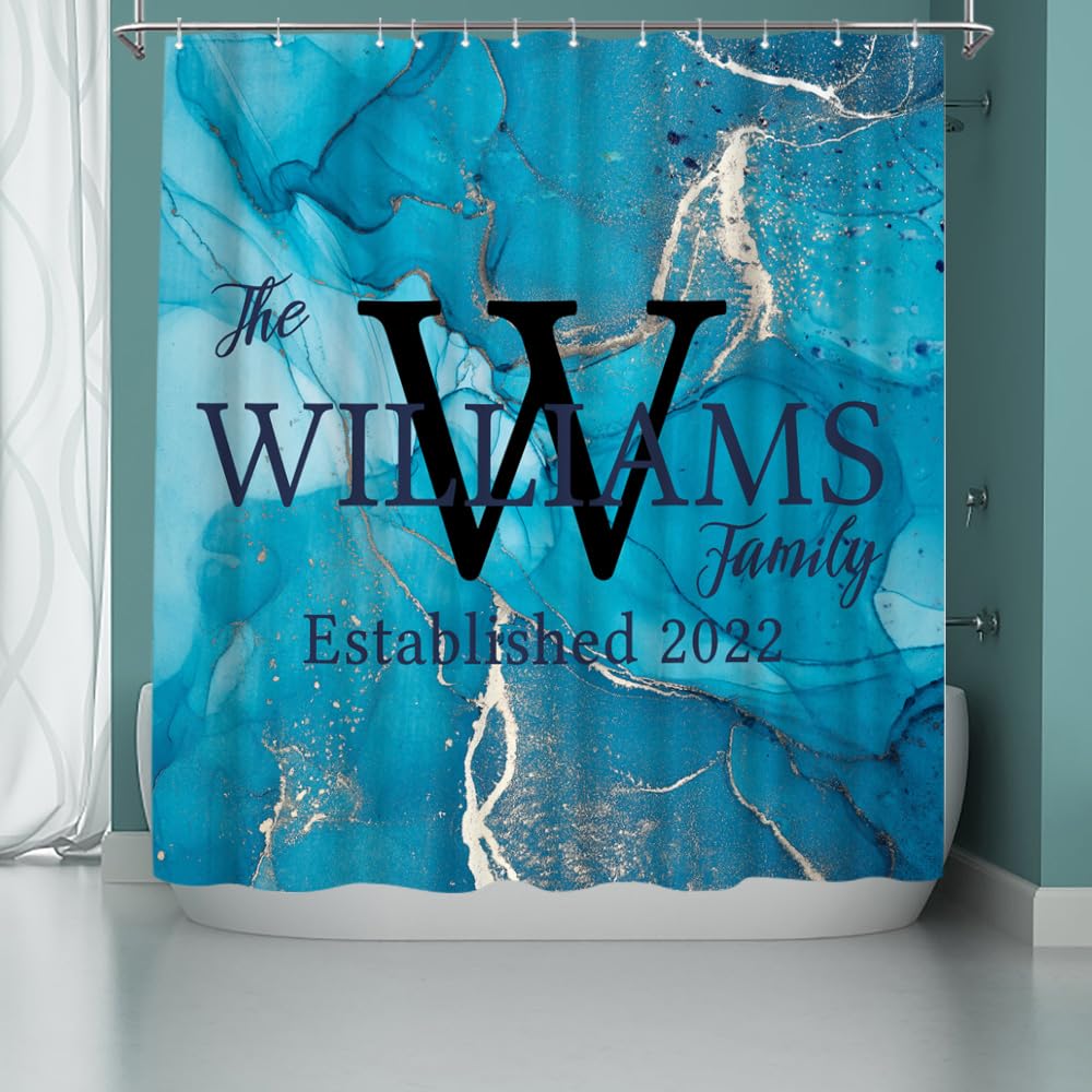 iLOOKLiKE Personalized Family Last Name with Marble Shower Curtain Custom Monogram Abstract Blue Gold Texture Art Bathroom Curtain Set Bathtubs Decor with 12 Hooks Modern Fabric Polyester 72x72inch