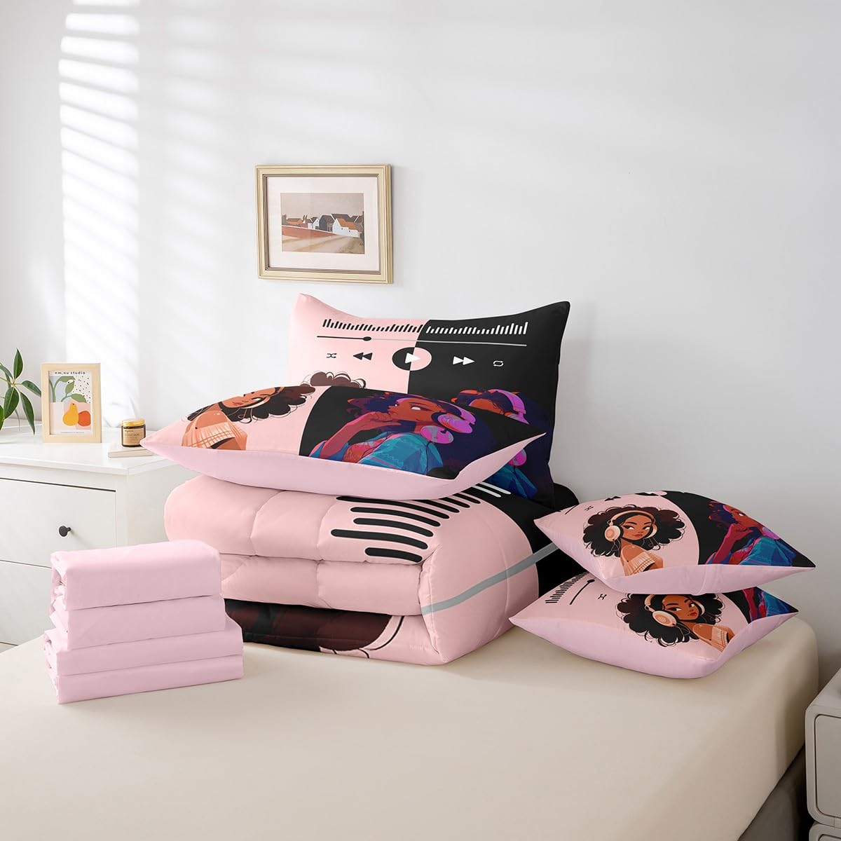 Castle Fairy Black Girls 7Pcs Comforter Set Full Size,Africa Woman American Bedding Sets for Kids Girls Boys,Music Bed in a Bag Pink and Black Fitted Sheet Flat Sheet,2 Throw Pillow 2 Pillowcases