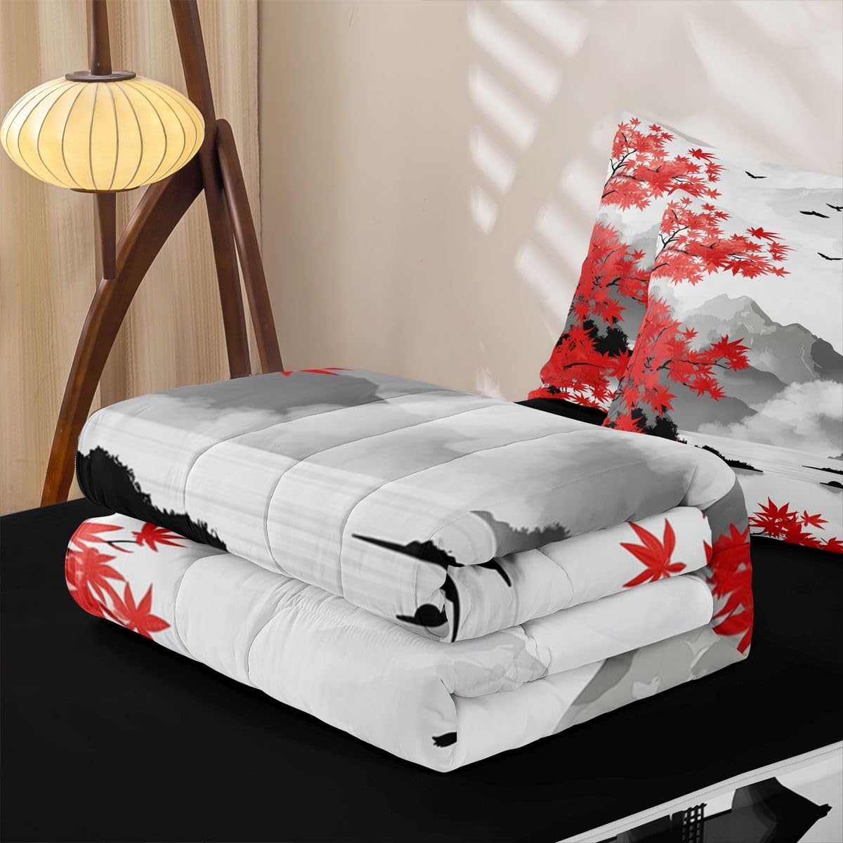 Erosebridal Japanese Ink Painting Kids Comforter Set with Zipper, Traditional Japanese Twin Size Zipper Bedding Set, Red Maple Trees Bed-in-A-Bag