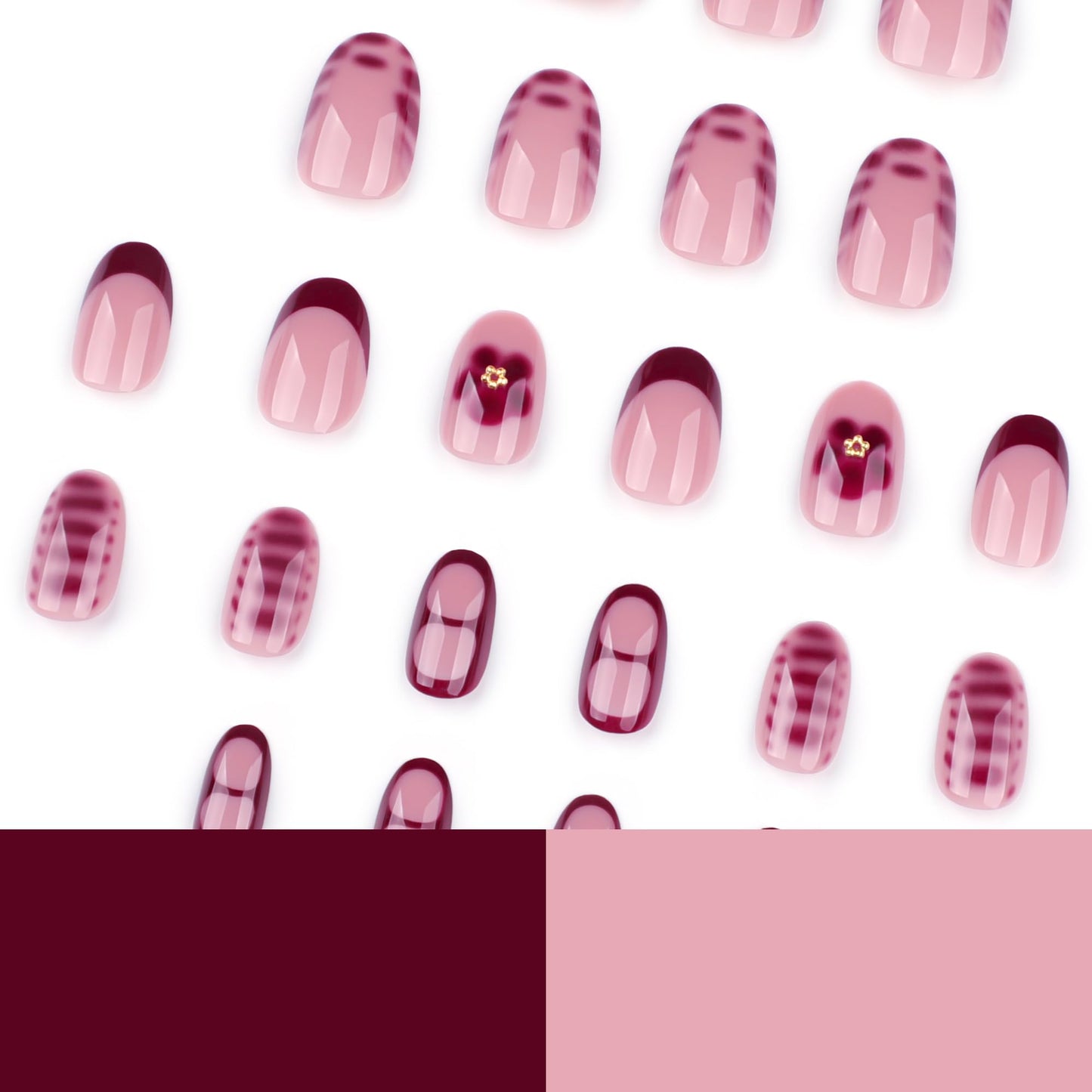 Stbisen Red Press On Nails Short Oval, Summer Fall Fake Nails with Red French Tips and Elegant Petal Accent Designs, Glossy Gel Finish Acrylic Nails, Thick Reusable Glue On Nails Kit for Women, 24 Pcs