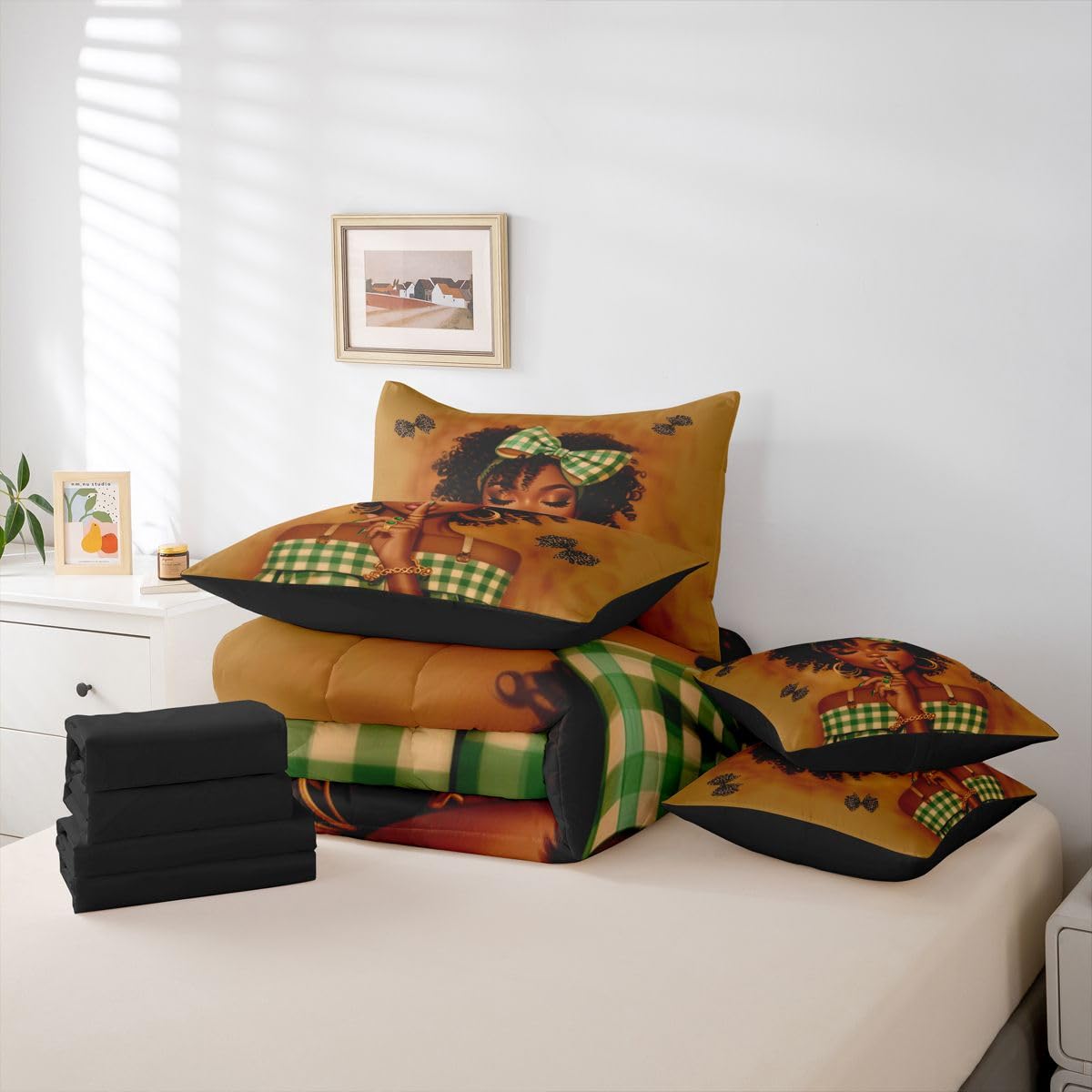 Erosebridal Cute Bow Black Girls Queen Bedding Set Green Geometric Grid Comforter Set with Flat and Fitted Sheet Leopard Print Bowknot 7-Piece Bed in a Bag Coquette Cheetah Bows Quilt Sets