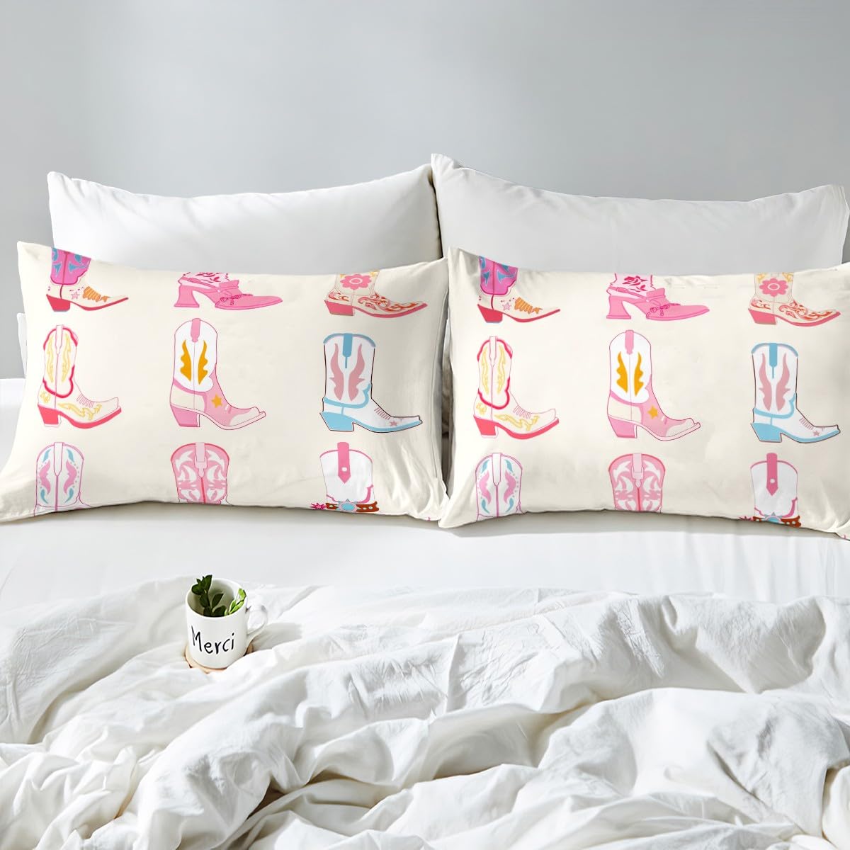 Feelyou Pink Howday Sheet Set Boys Girls Weatern Decor Sheets with Deep Pocket Fitted Sheet Queen Size Farmhouse Cowboy Riding Boots Bed Sheets Set Wild Western Cowboy Bedding Set Pink Bed Set 4Pcs