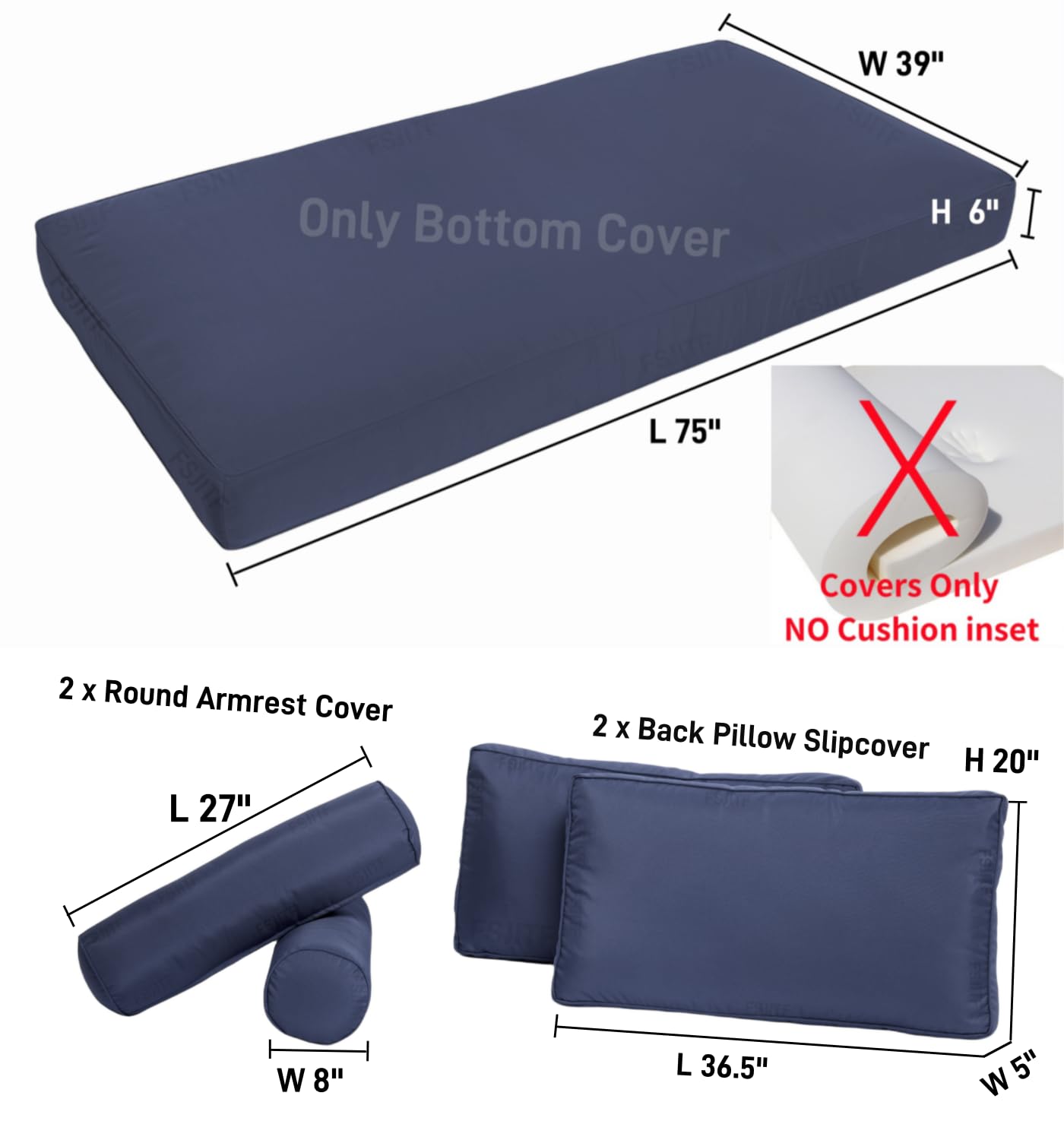 FSJITF Patio Twin Daybed Waterproof & Fade-Resistant Cover,for Outdoor Wooden Hammock Mattress Cover + 2 Back Bolster Cushion Slipcovers (5-Piece Set)