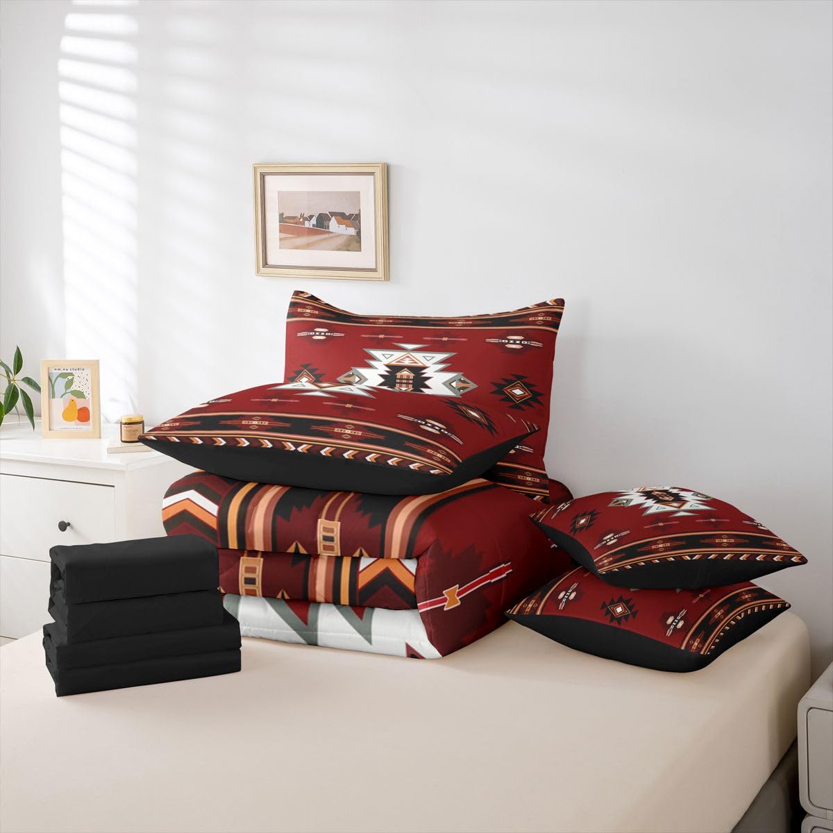 Erosebridal Western Comforter Set 7-Piece Bed in a Bag Twin | Southwest Native Geometric Bedding Sets Exotic Nordic Style Aztec Comforter and Sheet Set, Sriped Diamond Triangle Room Decor,Red
