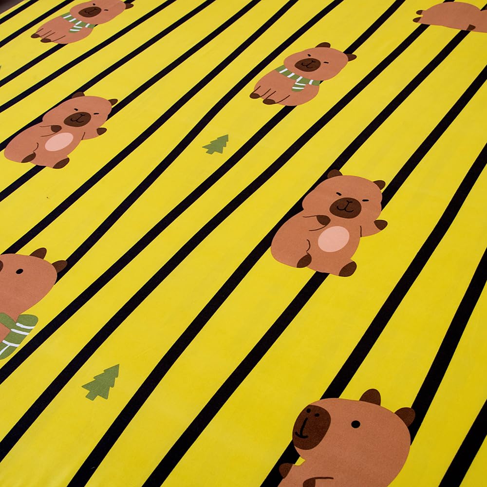 NATURETY Bedding Fitted Sheet with Deep Pocket,Cute Capibara Printed Fabric Bed Sheets (Yellow Striped,Queen)