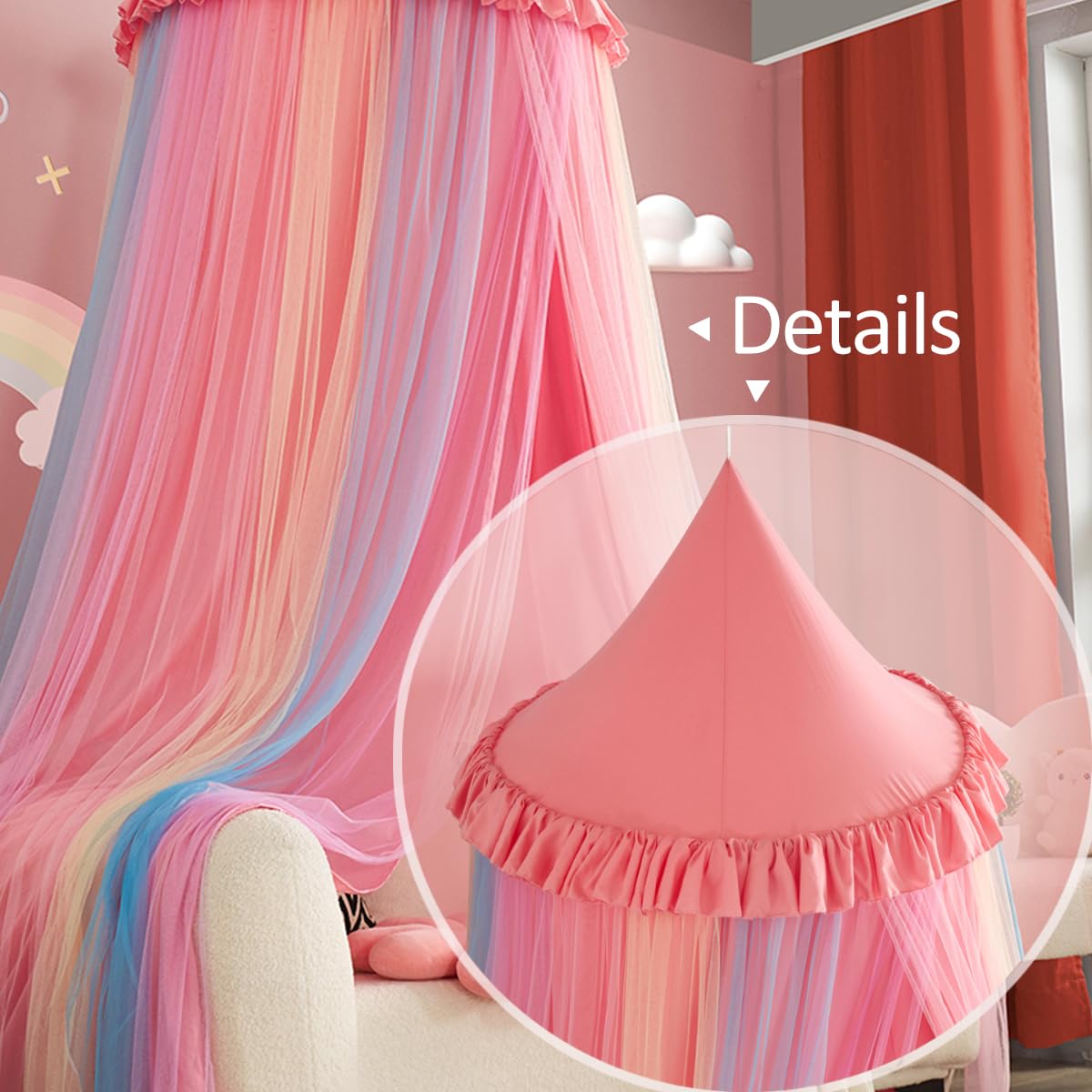 Kertnic Rainbow Bed Canopy for Girls Dreamy Mosquito Net for Bed Round Dome Princess Bed Canopy Girl Room Play Tent Canopy Bed Netting Curtains, 31.5inch Large Dome (Nordic Pink Rainbow)