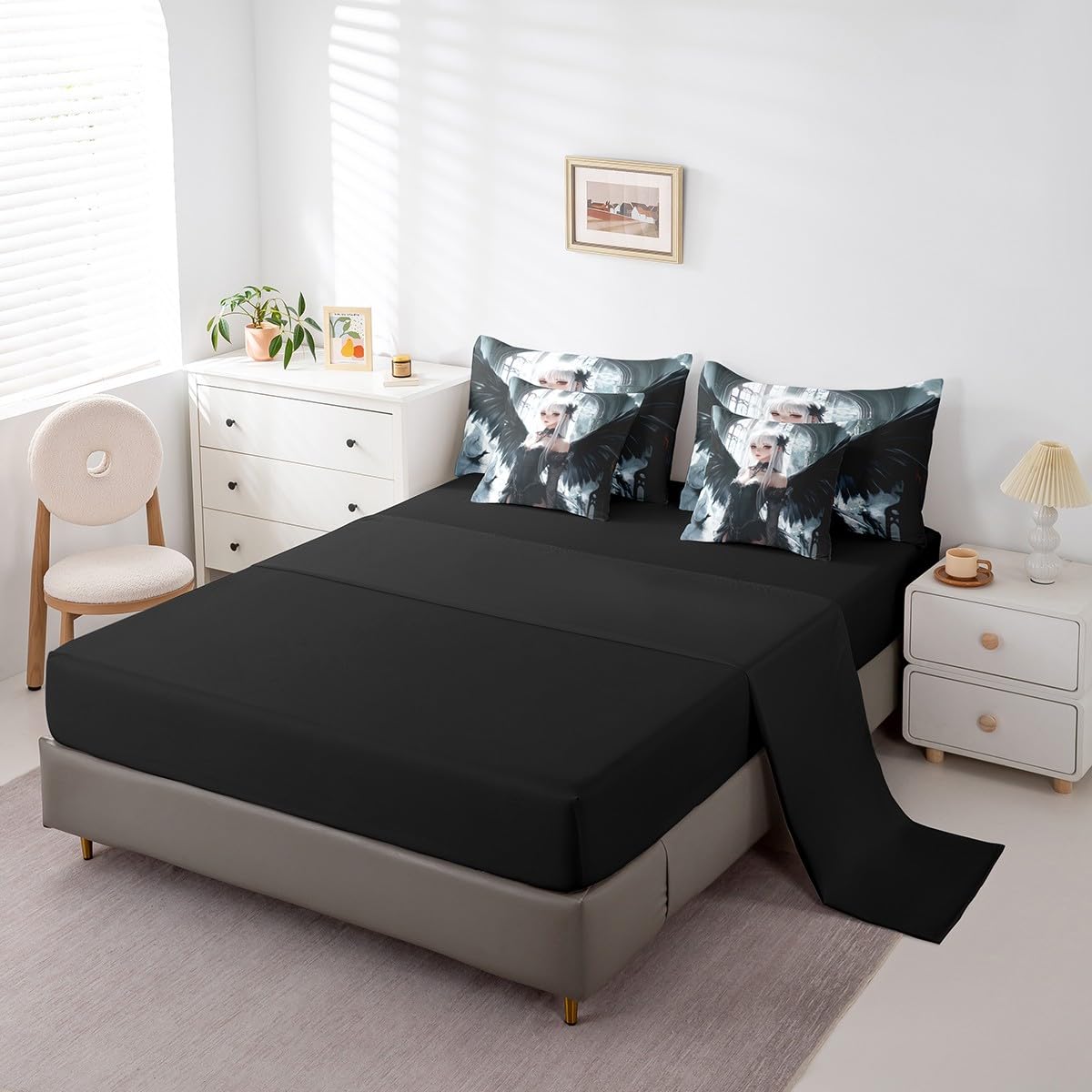 Erosebridal Anime Girl Bedding Sets 7 Piece Twin Size, Kawaii Japanese Anime Comforter Set for Kids Boys Teens Adult, Cartoon Girl Bed in A Bag Japan Animation Sheet Set, Machine Washable