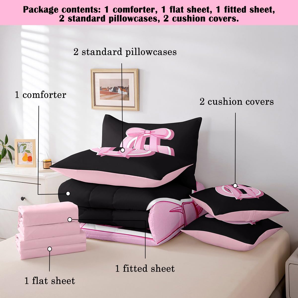 jejeloiu Kids Girls Black Pink Bow Comforter Set with Sheets Twin Size Monogrammed 7 Piece Bedding Set Personalized Initial G Bed in a Bag with Comforter,Sheets,Pillowcases Modern Fashion Bed Set