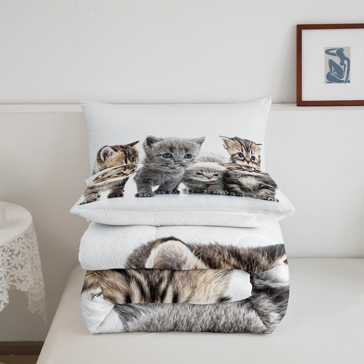 Feelyou Little Cat Bedding Set Lovely Pet Cats Comforter Cat Lover's Animal Themed Design Comforter Set for Boys Girls Kids Room Decor Cute Kitten Print Duvet Set Twin Size with 1 Pillow Case