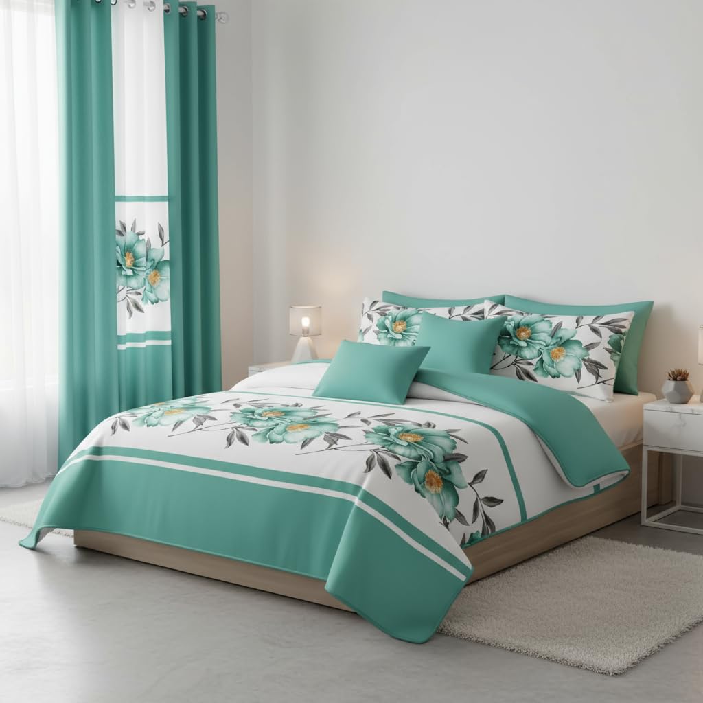 CozyCreatures Vintage Boho Olive Green King Light Comforter Set, 9-Piece Bed in a Bag with Curtains, Brushed Microfiber Bedspread Set with Matching Curtains for Master Bedroom, Machine Washable