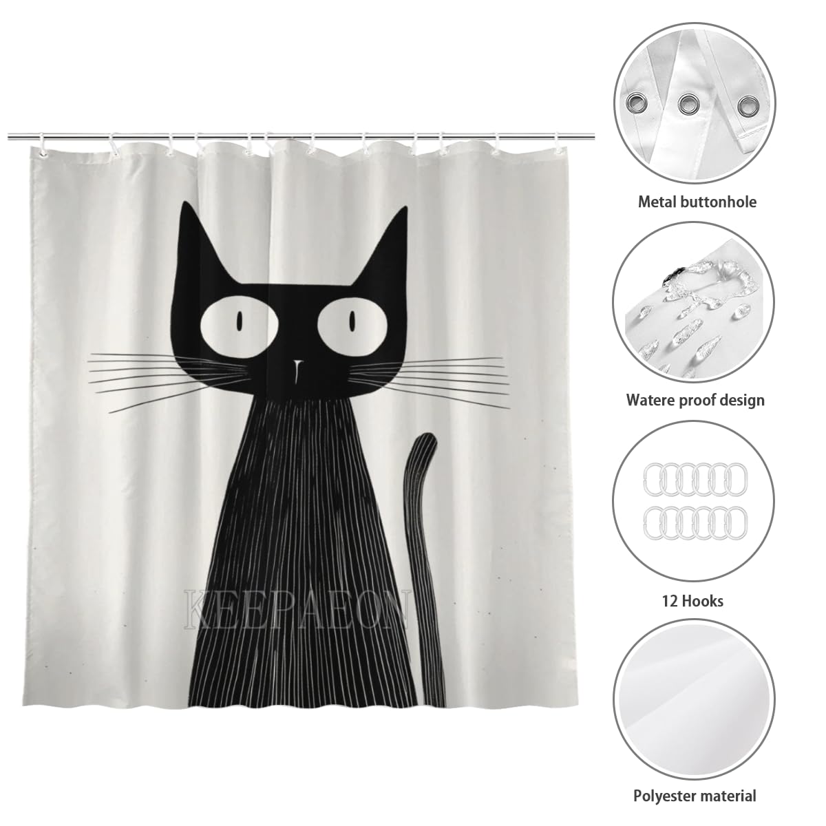 KEEPAEON Black Cat Shower Curtains Stick Figure Shower Curtain Set Waterproof Shower Curtains for Bathroom, with 12 Hooks, 70x70 Inch