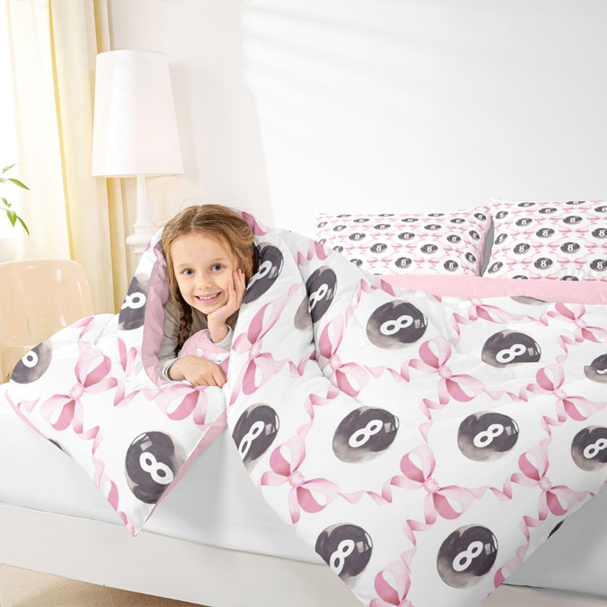 Castle Fairy Billiard Ball Kids Full Comforter Sets,Splicing Bow Tie Reversible Bedding Set for Boys Teens Children,Woman Girls Bowknot Quilt Set 3 PCS,Billiard Lover Duvet Insert,2 Pillow Cases