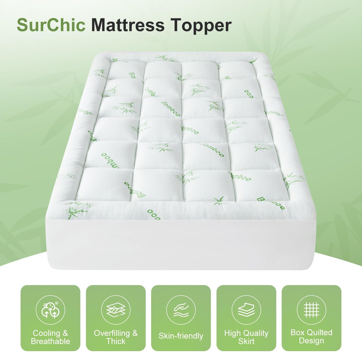 SurChic King Size Mattress Topper Viscose Derived from Bamboo, Soft Thick Pillow Top Mattress Pad Cover for Back Pain, Cooling Mattress Protector with 8-21 Inch Deep Pocket, White