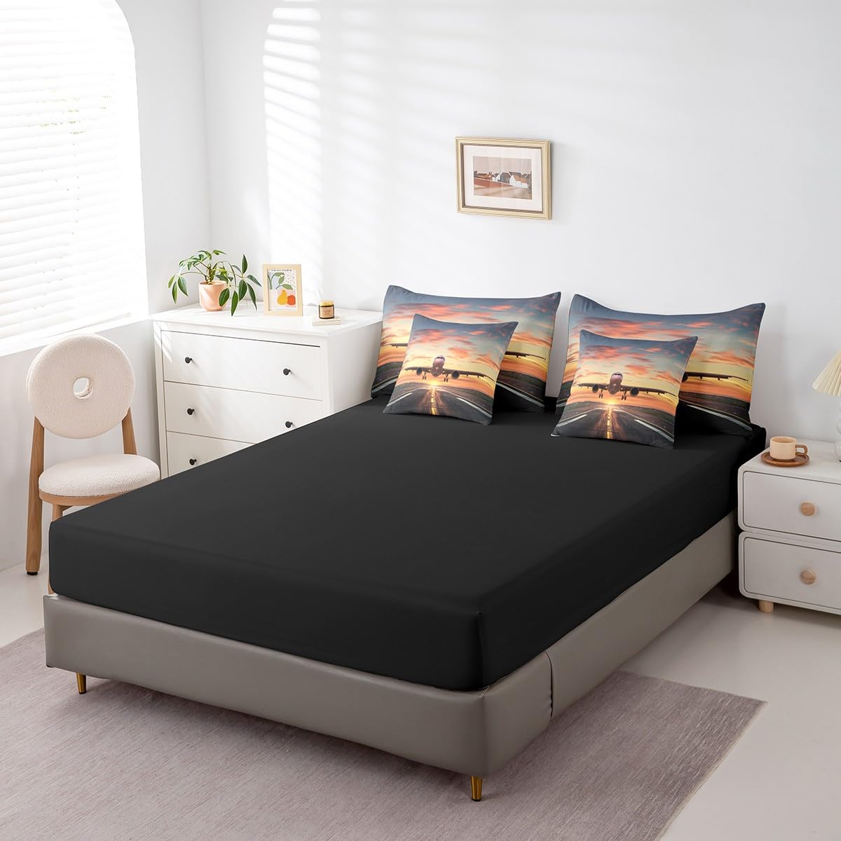 Erosebridal Airplane Full Bedding Set 7 Piece Aircraft Bed in A Bag Airport Runway Comforter Set for Kids Boys Adults Men Airplane Sheet Set with Comforter