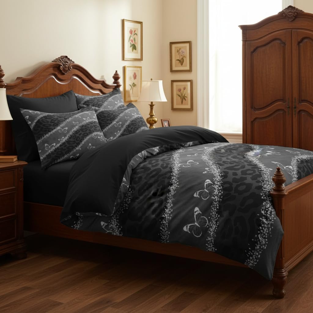 CCoutueChen Black Gothic Comforter Set Queen, Leopard Butterfly Bedding Set with 2 Pillowcases - 3 Pcs Soft Fluffy Breathable Microfiber Lightweight Comforter, 90"x90"