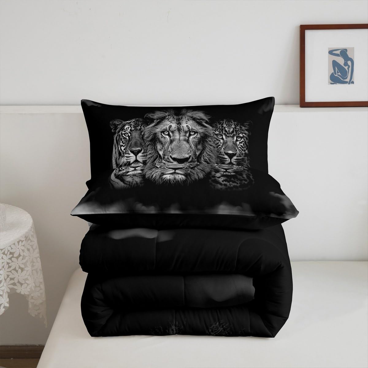 Wild Animals Comforter Set Queen Size Tiger Lion Leopard 3D Bedding Set 3pcs for Kids Boys Men Home Room Decor,Black White Smog Quilt Set Modern Microfiber Duvet Insert with 2 Pillowcases