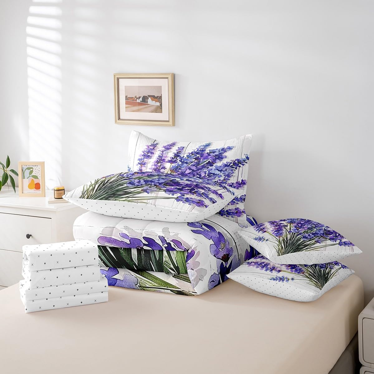 Erosebridal Lavender Flower Comforter Set Full Size,Oil Painting Floral Bedding Set for Kids Teens,Groovy Lavender (Comforter+Fitted+Flat Sheet+2 Pillowcases+2 Throw Pillow Covers) 7 Pieces Bed Set