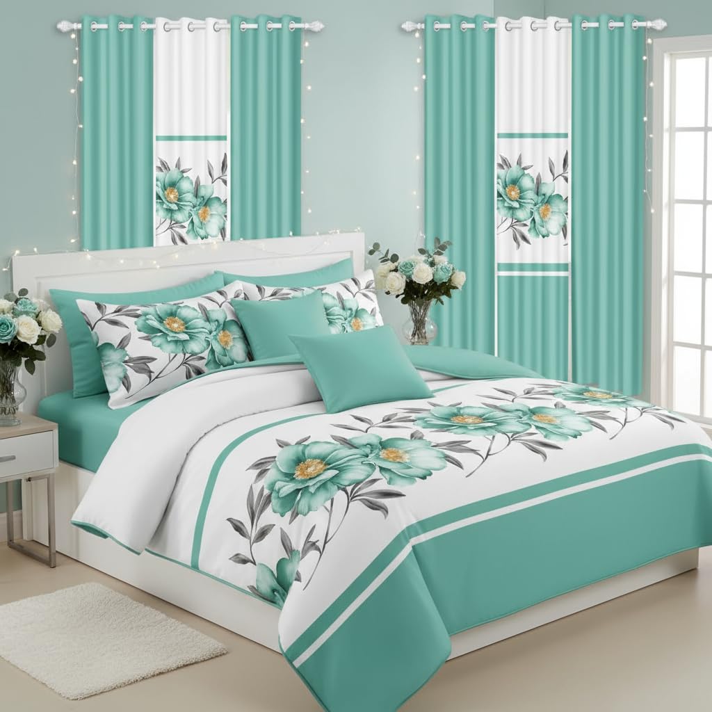 CozyCreatures Vintage Boho Olive Green King Light Comforter Set, 9-Piece Bed in a Bag with Curtains, Brushed Microfiber Bedspread Set with Matching Curtains for Master Bedroom, Machine Washable