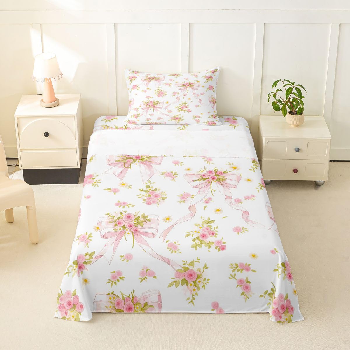 Erosebridal Boho Flowers Leaves Sheet Set Farmhouse Leaf Flower Rustic Twin Sheets Set for Preteen Boys Girls,Cartoon Kawaii Watercolor Bow Bohemian Floral Bow Tie Fitted Sheet