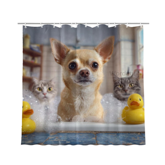 Wordatu Chihuahua Shower Curtain Bathroom Set 72X72 Inches Funny Cat Lovely Animals in Bathtub for Boys Bath Farmhouse Art Home Decor Fabric 12 Hooks