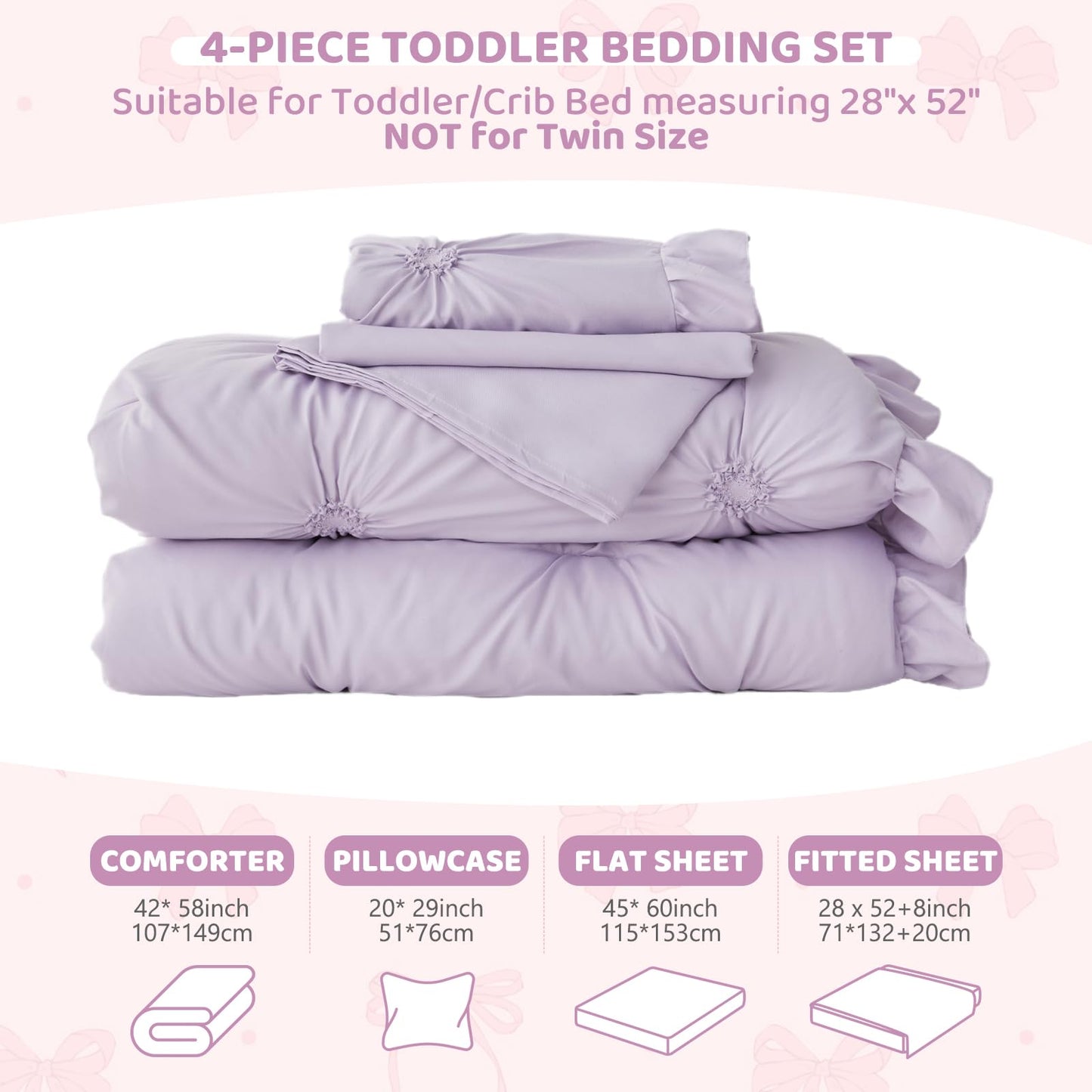 Wowelife Princess Toddler Bedding Set for Girls, 4 Piece Ruffles Jacquard Embroidery Toddler Bed Sheets with Boho Toddler Comforter, Fitted Sheet, Flat Sheet and Pillowcase, Purple
