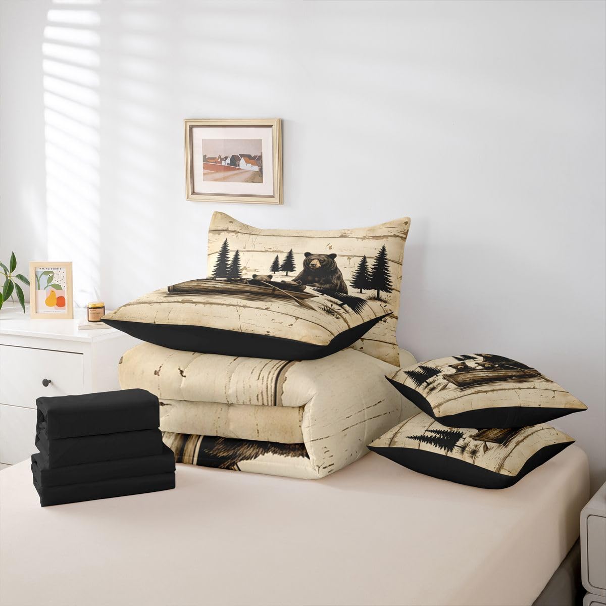Feelyou Bear Comforter Set with Sheets 7 Piece Twin Size Rustic Cabin Country Bed in a Bag Kids Boys Girls Lake Life Bedding Set Wild Animal Bedroom Decor