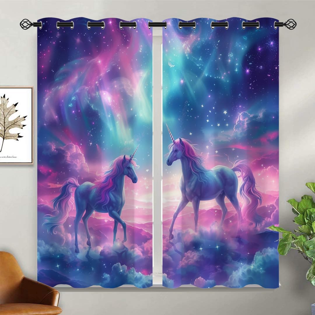 Fantasy Unicorn Blackout Curtains for Girls Boys Kids Teens Home Decor, Cute Starry Sky Stars Galaxy Grommet Thermal Insulated Drapes Darkening Window Curtain for Bedroom Living Room, 42 x 45 Inch