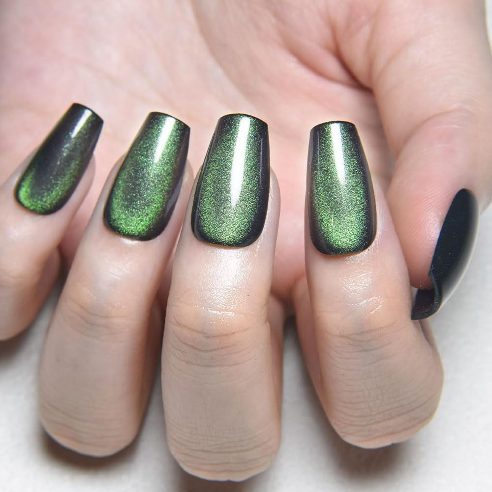 evpct Emerald Green Cat Eye Coffin Press on Nails Medium Square No Glue, Medium Square Stick on Nail for Women, Green Metallic Glitter Glossy Reusable Soft Press on Acrylic Fake Nail with Designs
