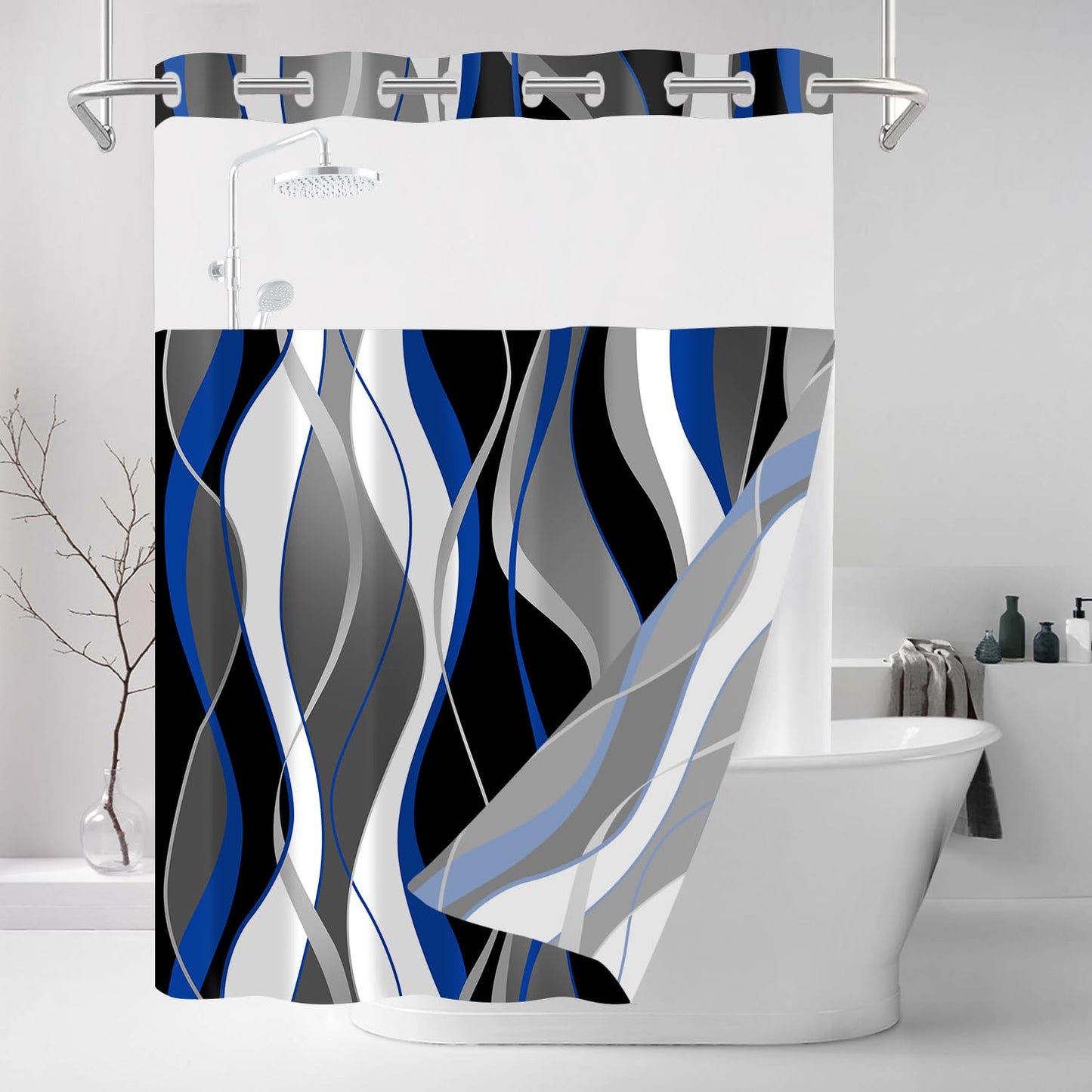 Nkzply No Hook Shower Curtain and Liner Set Blue Striped Shower Curtain with Snap in Liner Fabric Modern Black Grey Bathroom Set See Through Top Window Washable 71x74 Inch