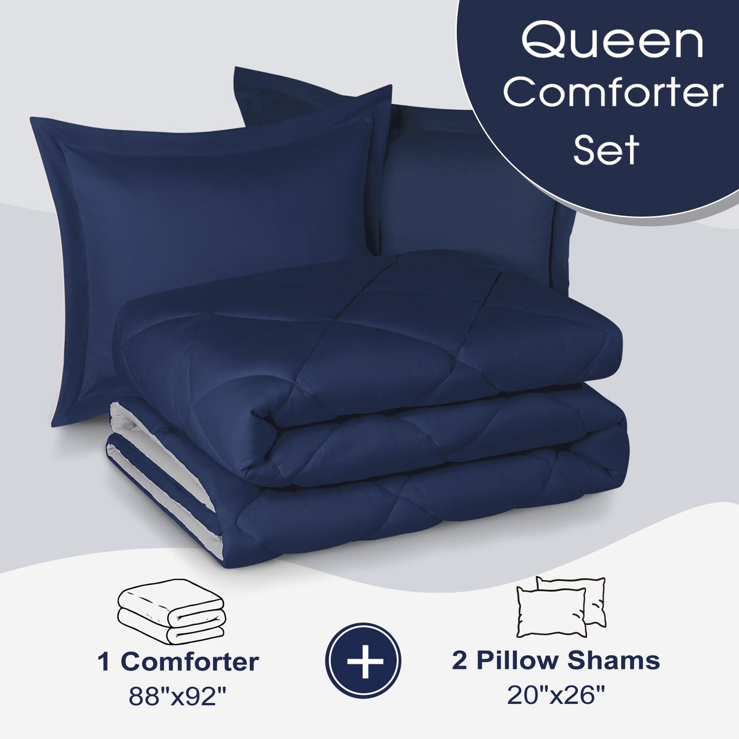 Basic Beyond Queen Comforter Set - Navy Blue Comforter Set Queen Size, Reversible Bed Comforter Queen Set for All Seasons, Navy/Grey, 1 Comforter (88"x92") and 2 Pillow Shams (20"x26"+2")