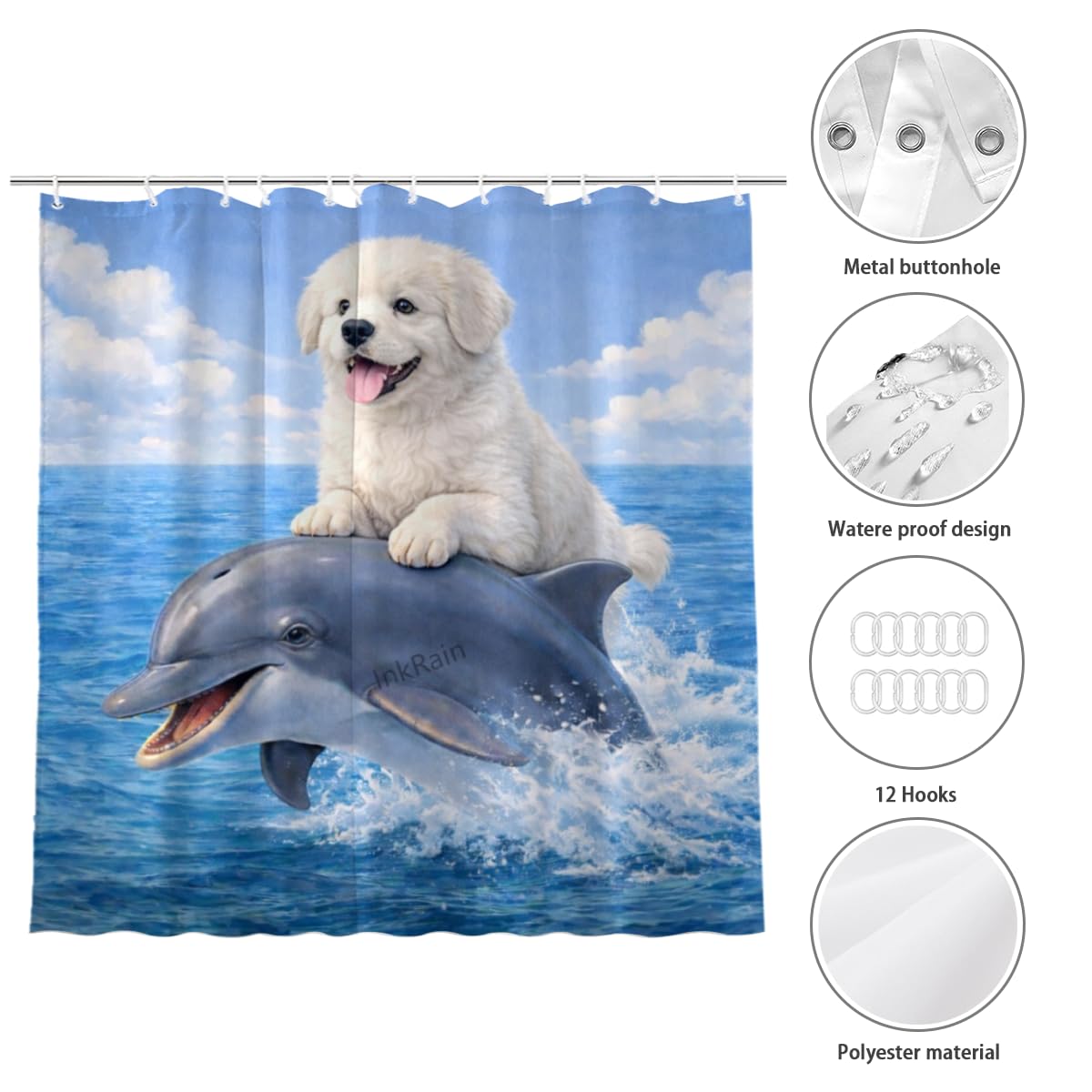 InkRain Ocean Great Pyrenees Shower Curtain with 12 Hooks Cute Puppy Riding Dolphin Bathroom Decor Waterproof Polyester Fabric Coastal Beach Bath Curtain 72x80 Inch