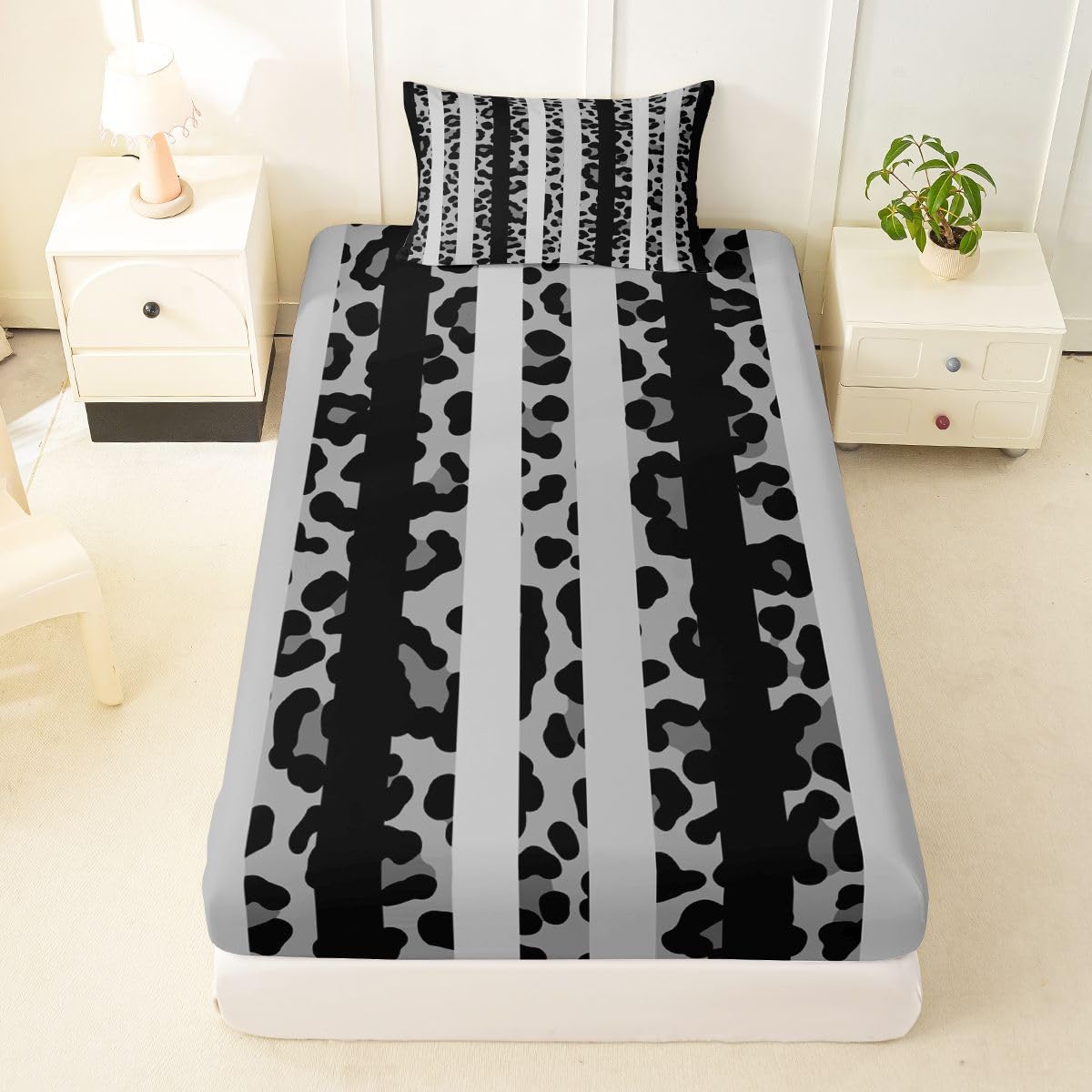 jejeloiu Black Leopard Print Fitted Sheet with 1 Pillowcase Twin Size Abstract Bed Sheets Set 16" Deep Pocket Boys Girls Leopard Stripes Bedding Teens Bedroom Decor Breathable