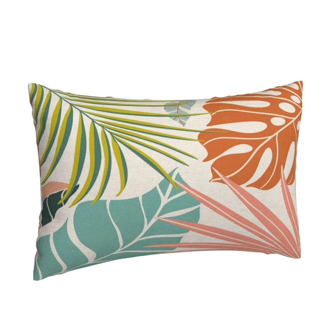 Summer Palm Leaf Pillow Covers 12x20 Set of 2, Coral Tropical Leaf Decorative Outdoor Throw Pillow Covers Green Blue Botanical Farmhouse Cushion Case Linen Square Decor for Home Couch Sofa