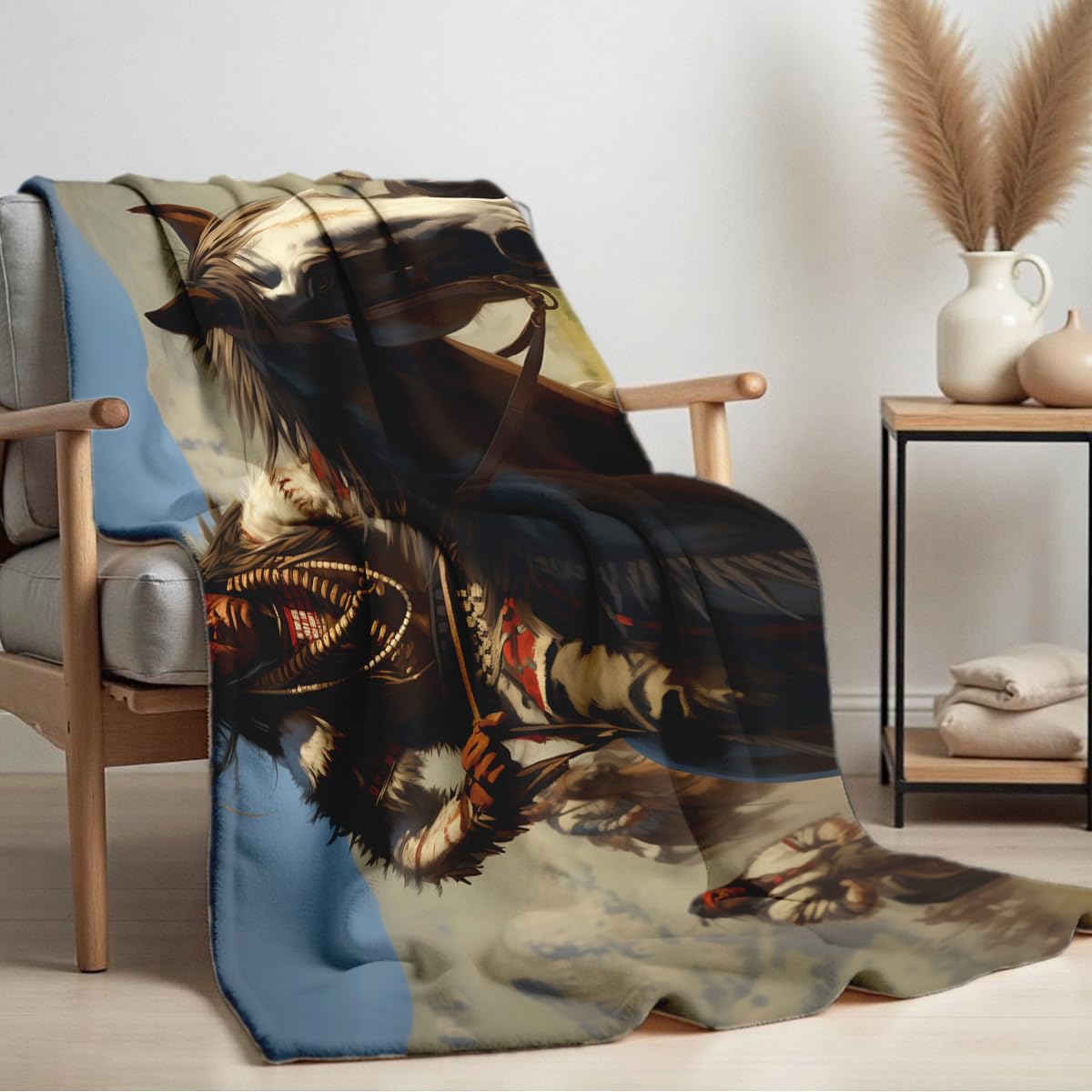 HUNXIAOJ Native American Blankets for Men Indian Print Blankets and Throws for Couch Bed Room Home Western Decor Flannel Throws Queen Size Native American Indian Gifts (49"x59")