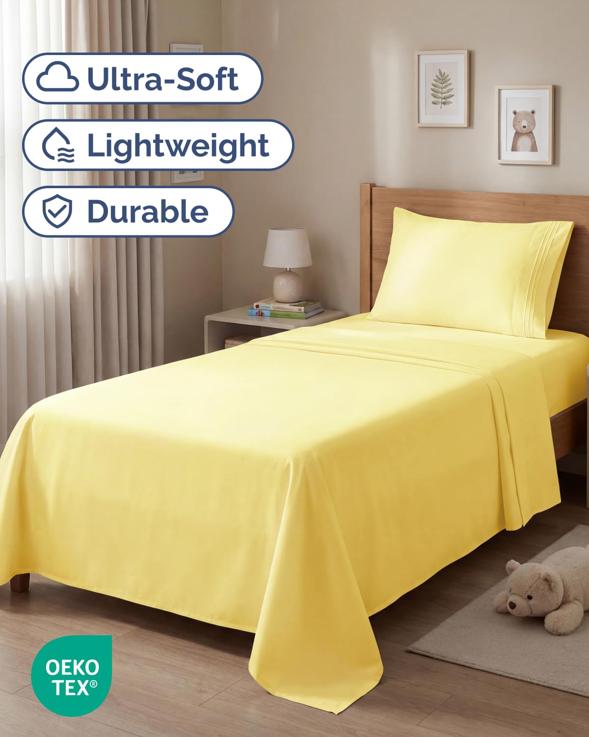 Twin Size 3 Piece Sheet Set - Comfy Breathable & Cooling Sheets - Hotel Luxury Bed Sheets for Women & Men - Deep Pockets, Easy-Fit, Extra Soft and Wrinkle Free Sheets - Yellow Oeko-Tex Bed Sheet Set