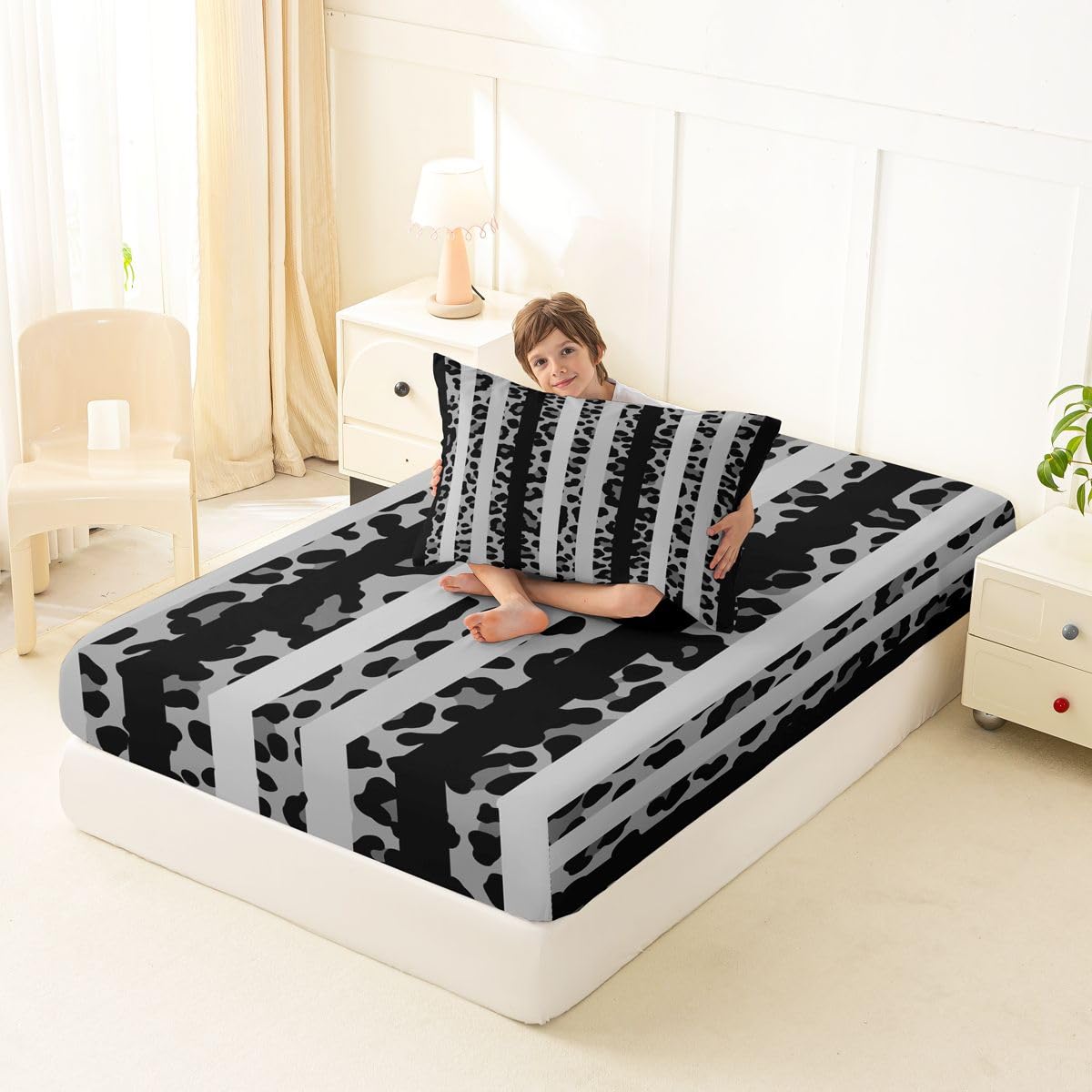 jejeloiu Black Leopard Print Fitted Sheet with 1 Pillowcase Twin Size Abstract Bed Sheets Set 16" Deep Pocket Boys Girls Leopard Stripes Bedding Teens Bedroom Decor Breathable