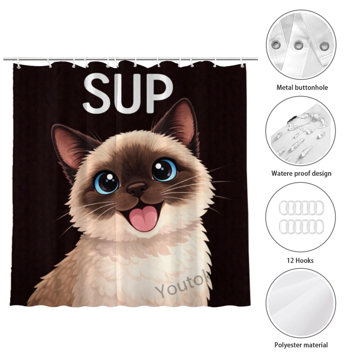 Youtoko Shower Curtain 72x72 Inch with 12 Hooks Funny Animal Quote Bathroom Decor Siamese Cat Puppy Pet Lover Sup Cute Animal Bath Curtain Black Background