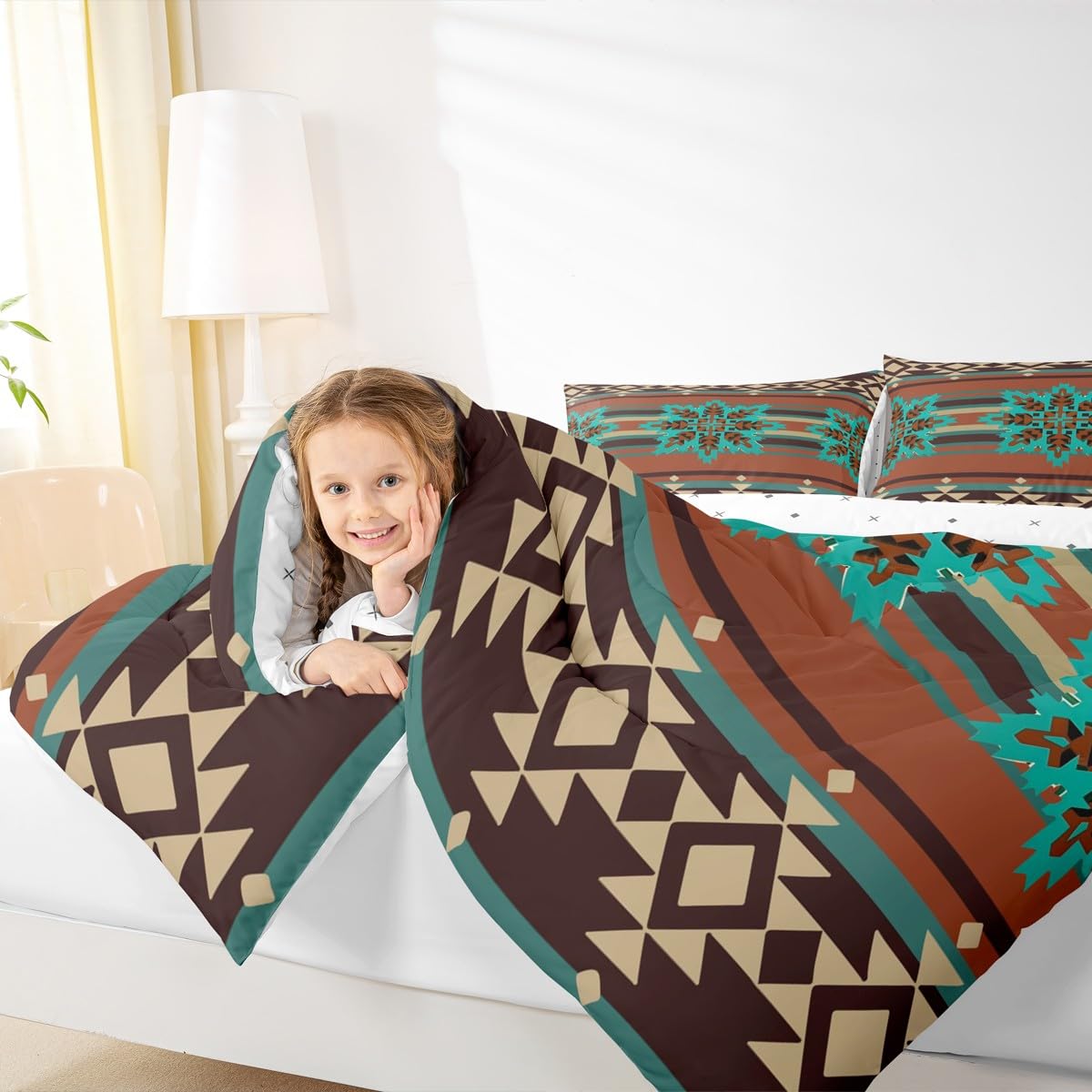jejeloiu Western Aztec Bedding Set Soft for Boys Girls, Native American Comforter Set Queen Size Geometric Duvet Quilt Microfiber Boho Bedroom Decor 3 Pcs with 2 Pillow Cases