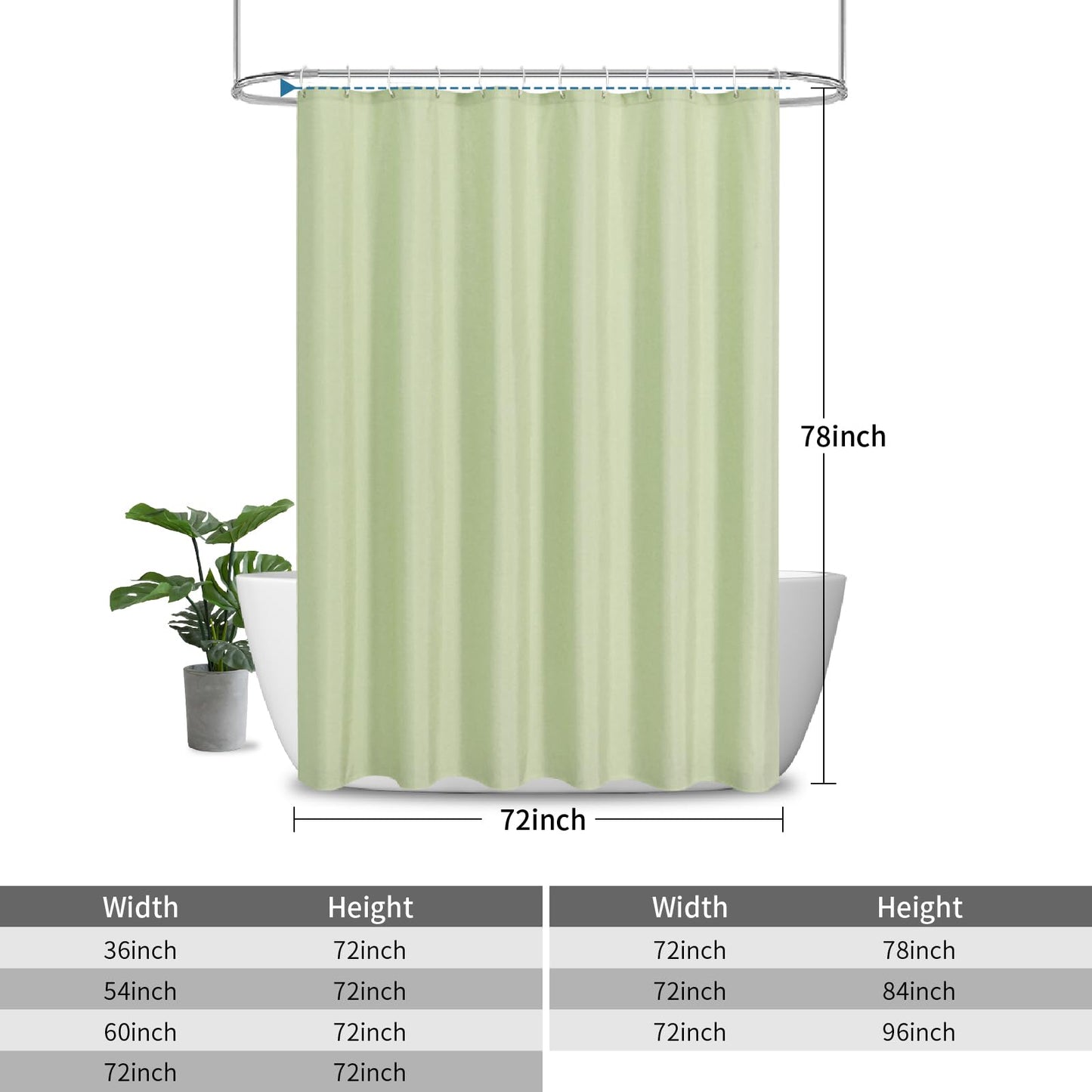 THAIGEE 2-in-1 Waterproof Long Fabric Shower Curtain,No Separate Liner Needed,Linen Textured,78 Inch Effortless Cleaning & Washable Bathroom Shower Curtain Set with 12 Plastic Hooks,72"x78",Green