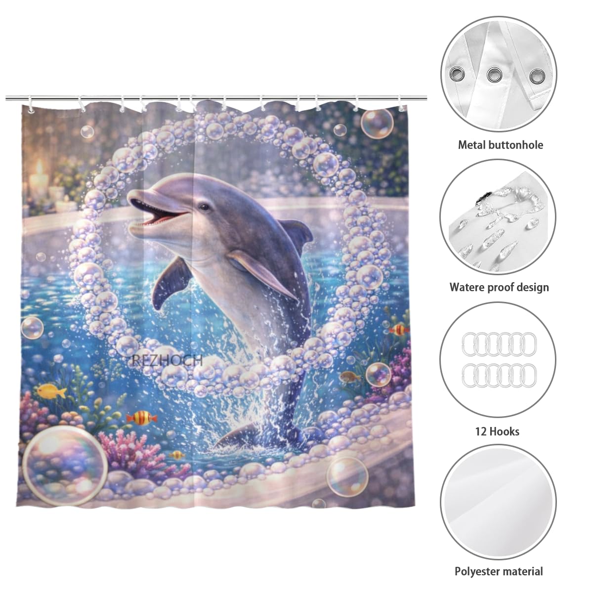 REZHOCH Funny Dolphin Shower Curtain 72x72 Inch,Cute Animal Bubble Bathroom Decor,Lovely Bathtub Waterproof Fabric Modern Art Humor Farmhouse Home Bath Set with 12 Hooks