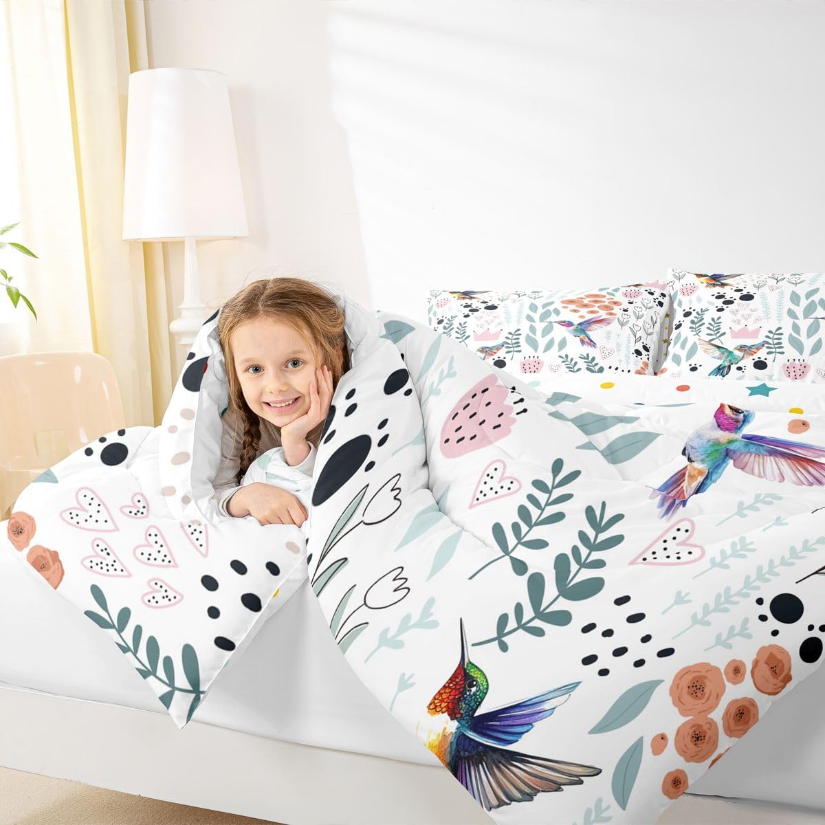 Erosebridal Hummingbird Bedding Set,Cartoon Hummingbird Comforter Set Twin,Cute Love Heart Leaf Flower Comforter Set for Kids Girls Boys,Paw Print Animals Quilt Duvet Insert with 1 Pillow Case