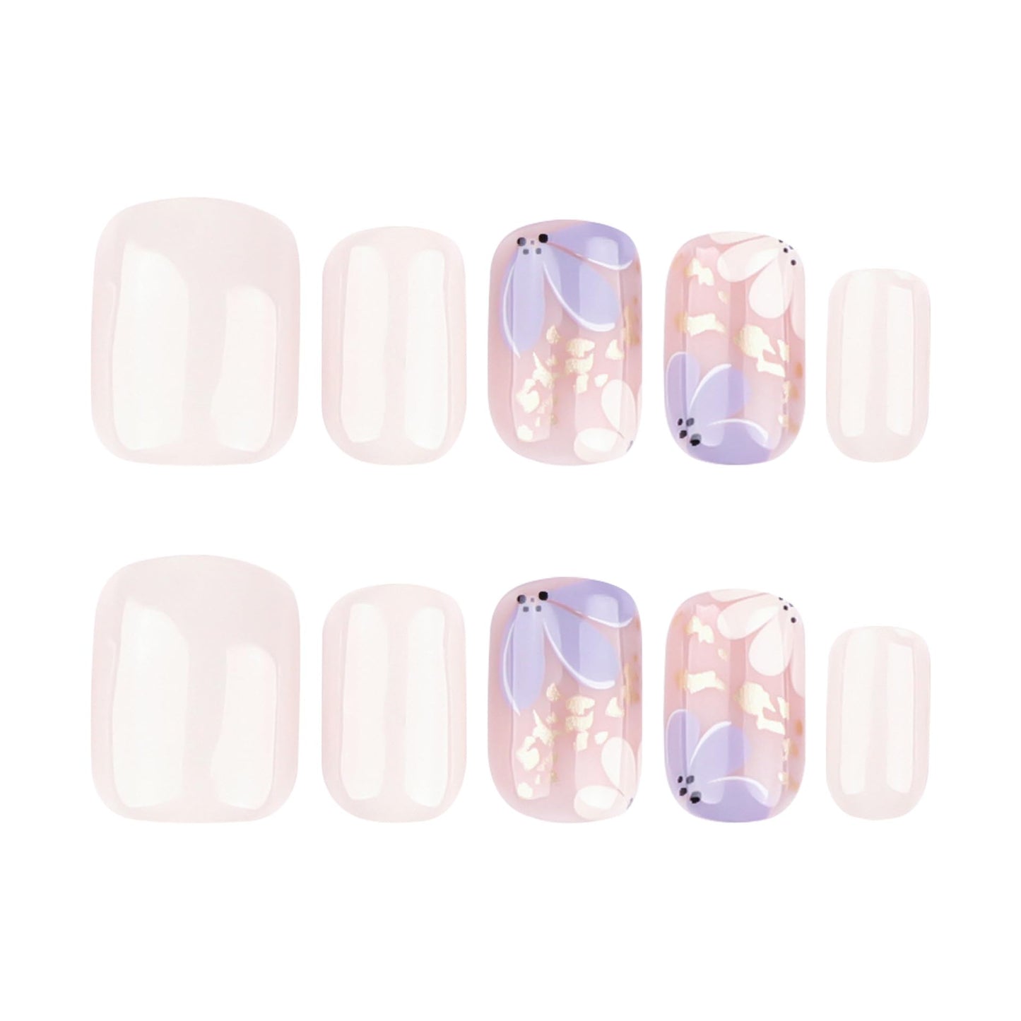 Mivota Short Square Press On Nails, Beige Fake Nails with Blossom Floral and Gold Foil Design, Glossy Reusable Acrylic Nails Kit for Women, Natural Look, 24Pcs Glue-On Set