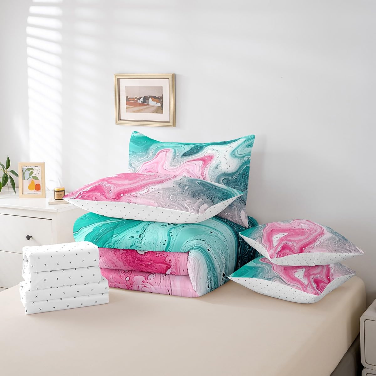 Erosebridal Marble Bed in A Bag with Sheets,Abstract Abstract Fluid Bedding Set Pink Green Gradient Twin Comforter Set 7 Piece for Kids Teen Adults,Marbling Sheet Set with Comforter