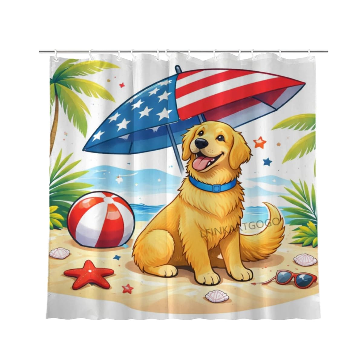 LFINKARTGOGO Shower Curtain 72x72 Inch with 12 Hooks Cute Golden Retriever Beach Bathroom Decor Patriotic Summer Coastal Dog Lover Waterproof Washable Polyester Bath Curtain