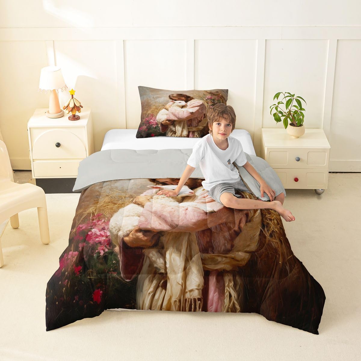 Manfei Man Holding Lamb Twin Size Comforter Set with 1 Pillowcase - Pink Brown Belief Spiritual Bedding Set for Kids Bedroom,The Lost Lamb Flowers 2 Pieces Reversible Duvet Insert