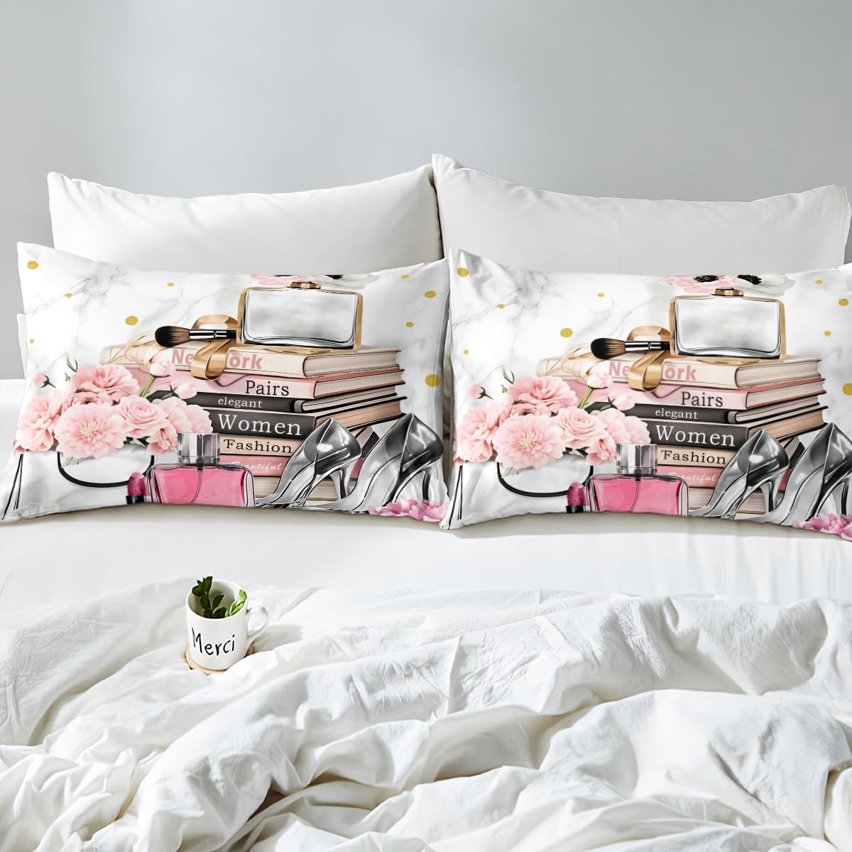 Erosebridal Fashion Pink Sheet Set King Size Flower Perfume Girly Bed Sheets for Girls Women White Gray Gold Marble Sheets High Heels Magazine Books Bedding Set